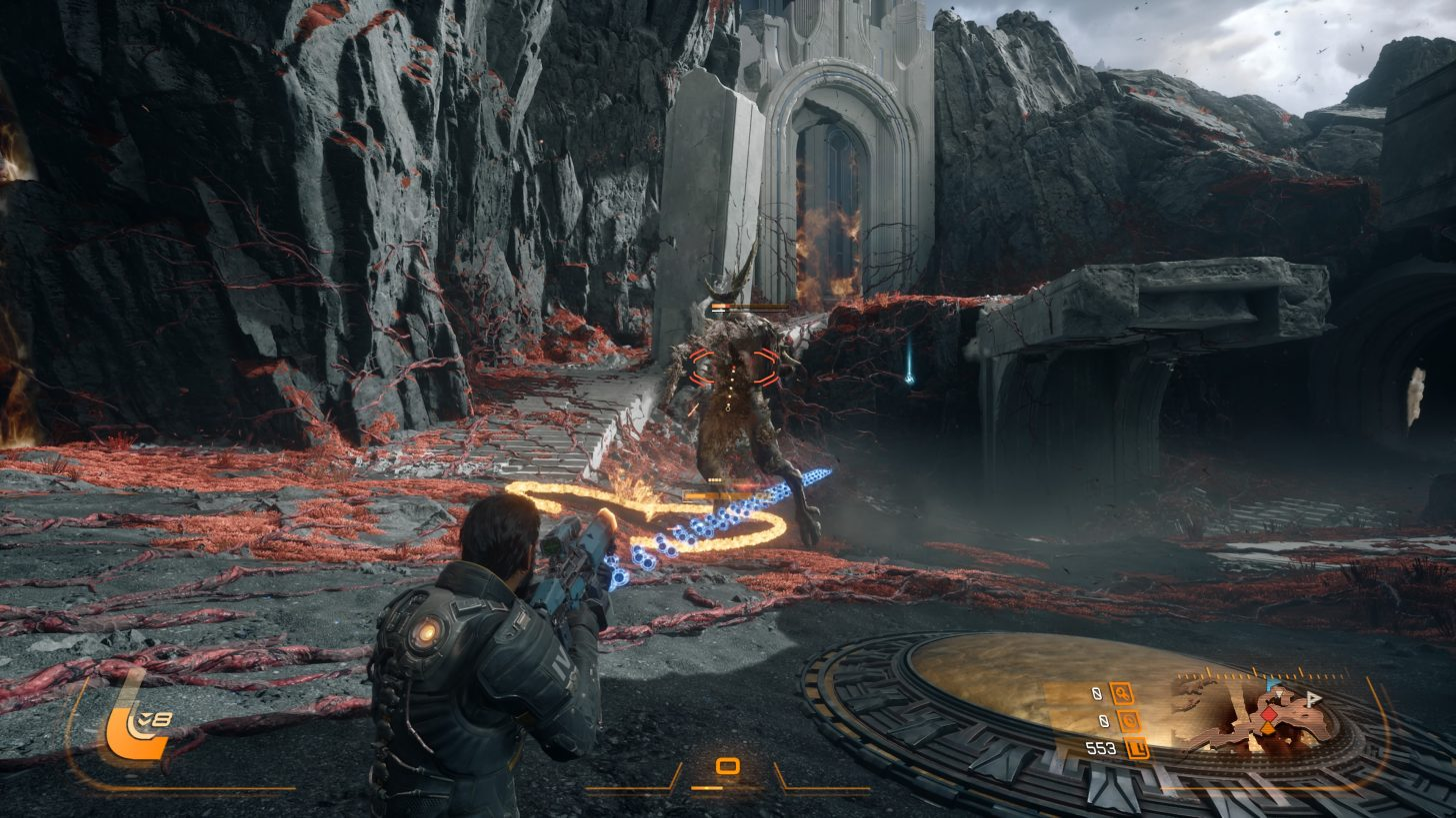 Saros atmospheric scene showing a tense moment before a boss encounter