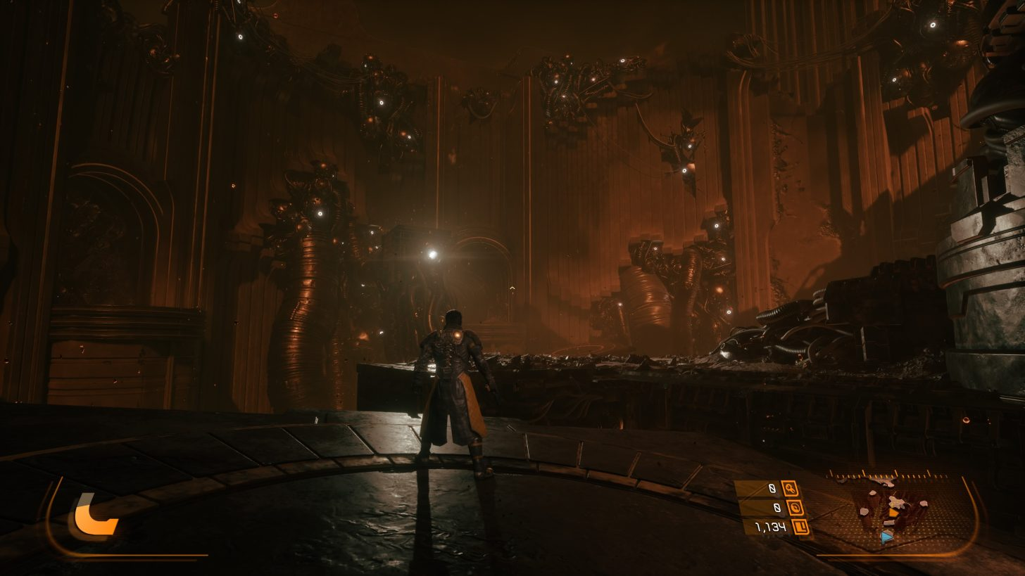 Epic Saros gameplay environment with a view of a massive dark structure in Carcosa