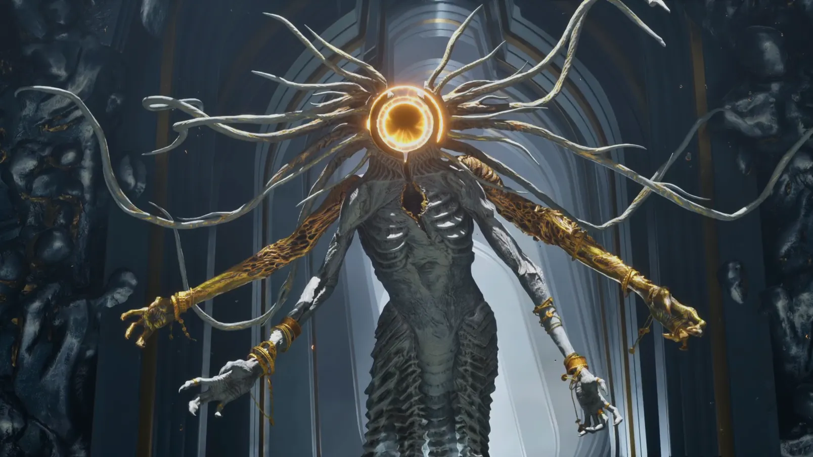 The Priestess, a powerful late-game Overlord in the Cathedral, prepares for battle